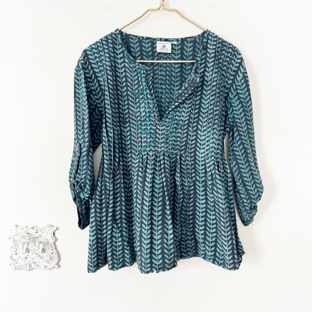 Dignity Not Charity Marketplace Teal Blue Hand Blocked Embroidered Boho Blouse S
